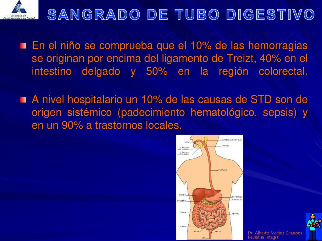 En el niño se comprueba que el 10% de las hemorragias se originan por encima del ligamento de Treizt, 40% en el intestino delgado y 50% en la región colorectal.