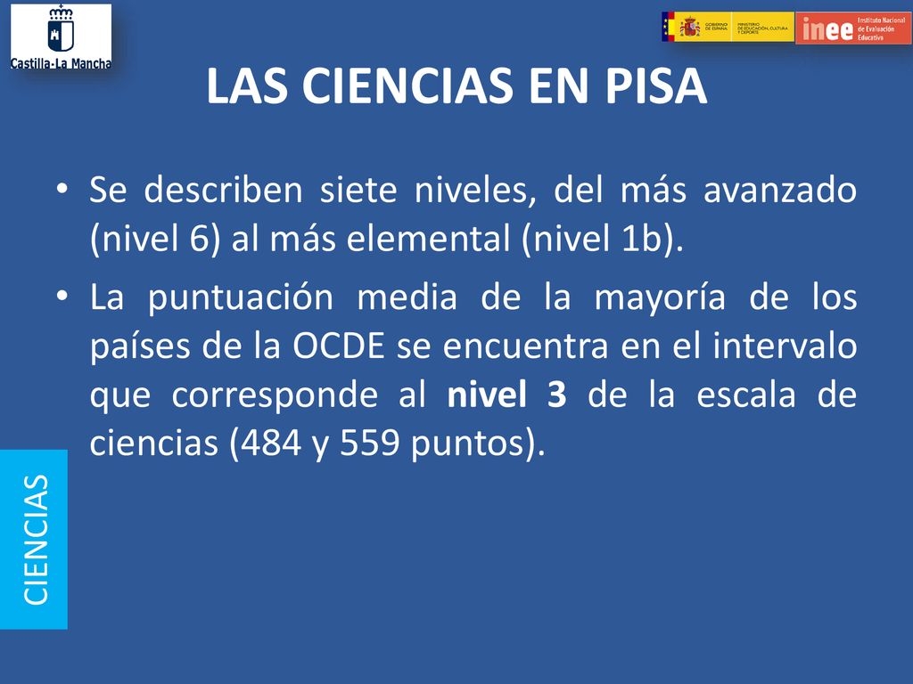 LAS CIENCIAS EN PISA Se describen siete niveles, del más avanzado (nivel 6) al más elemental (nivel 1b).
