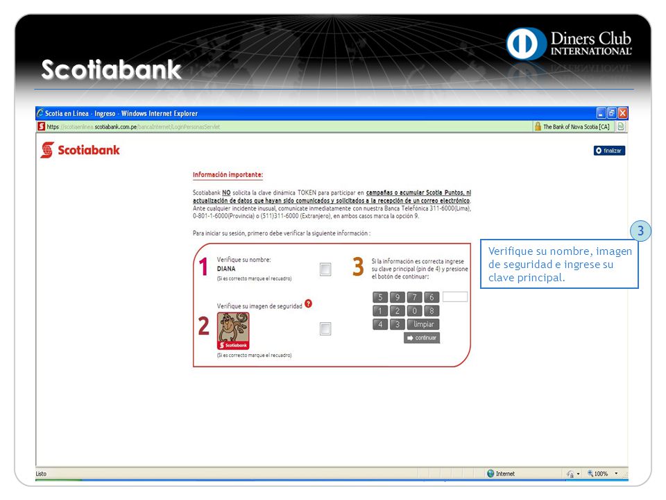 Scotiabank 3 Verifique su nombre, imagen de seguridad e ingrese su clave principal.