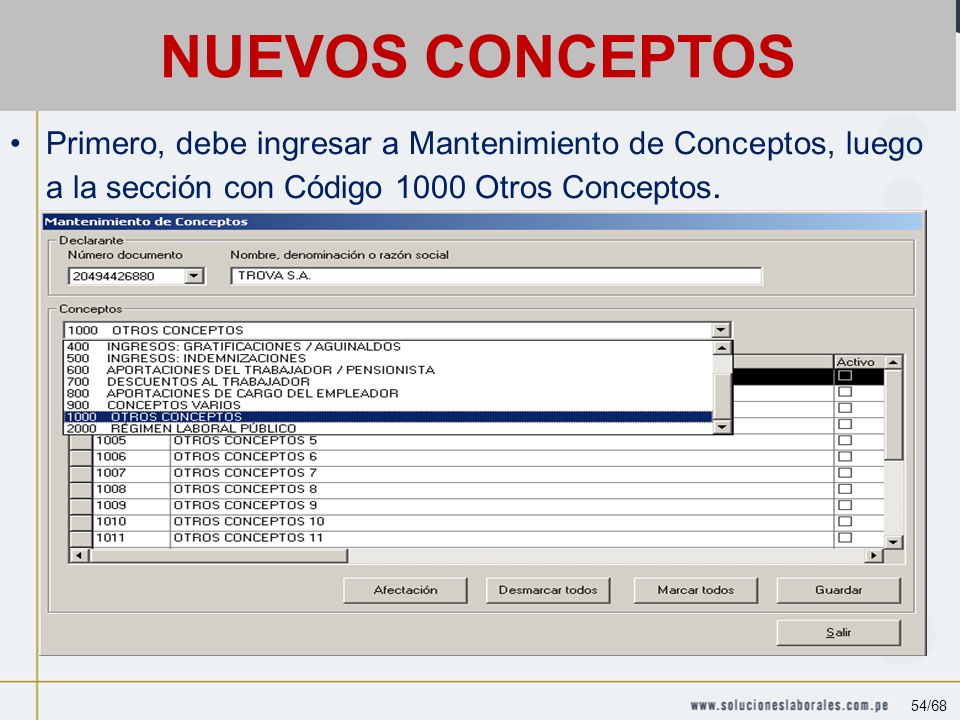 NUEVOS CONCEPTOS Primero, debe ingresar a Mantenimiento de Conceptos, luego a la sección con Código 1000 Otros Conceptos.