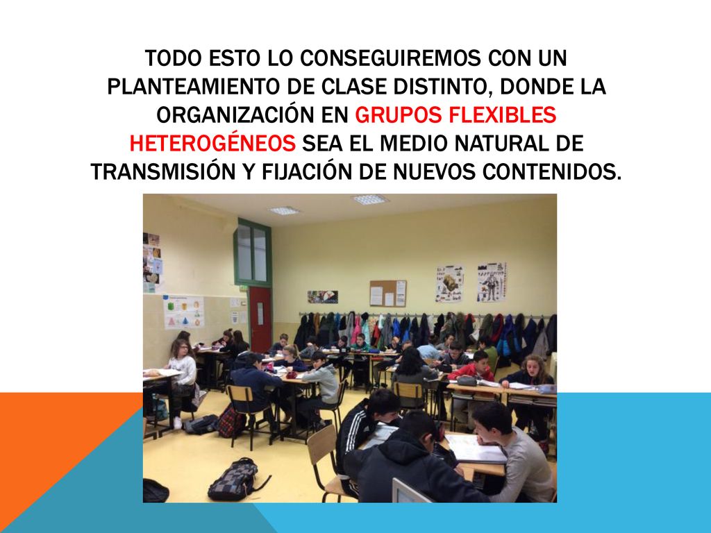 Todo esto lo conseguiremos con un planteamiento de clase distinto, donde la organización en Grupos Flexibles Heterogéneos sea el medio natural de transmisión y fijación de nuevos contenidos.
