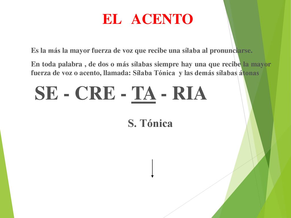 EL ACENTO Es la más la mayor fuerza de voz que recibe una sílaba al pronunciarse.