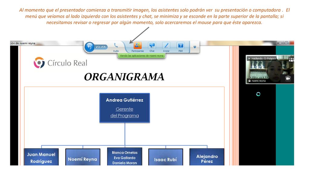 Al momento que el presentador comienza a transmitir imagen, los asistentes solo podrán ver su presentación o computadora .
