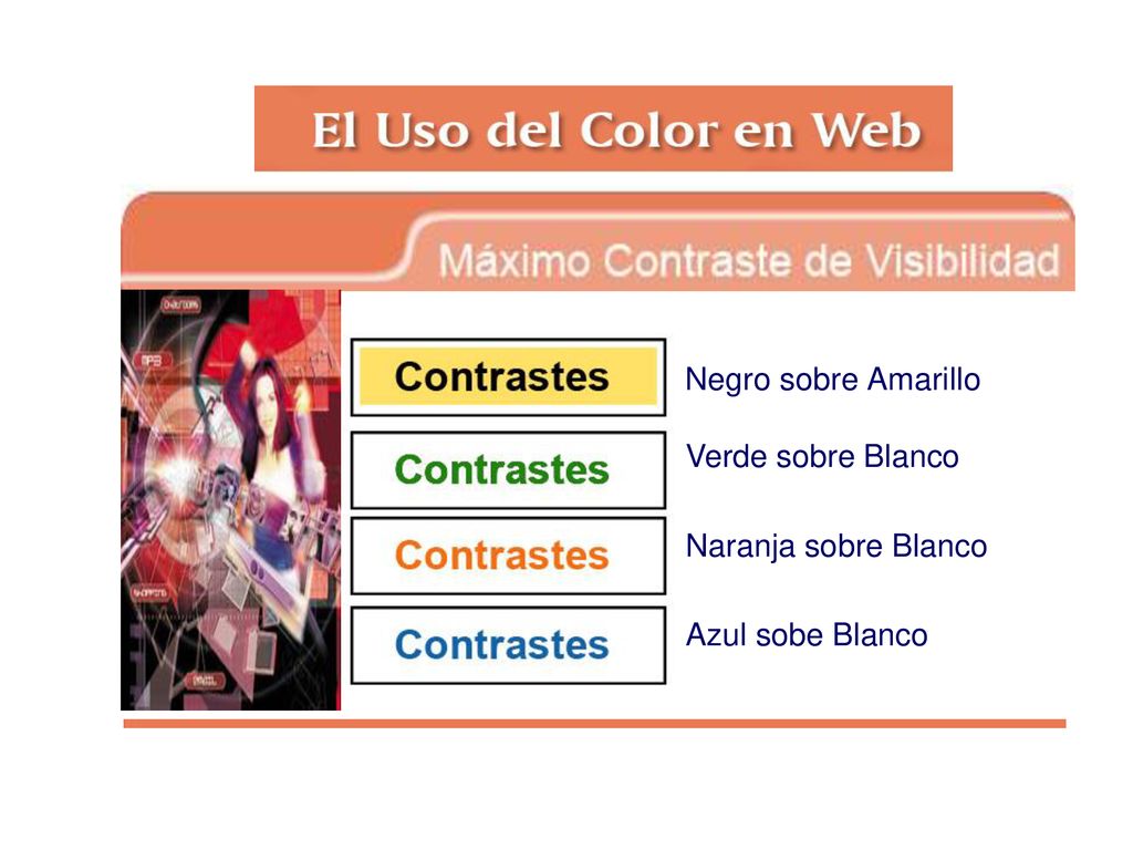 Negro sobre Amarillo Verde sobre Blanco Naranja sobre Blanco Azul sobe Blanco