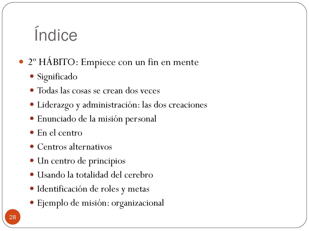 Índice 2º HÁBITO: Empiece con un fin en mente Significado