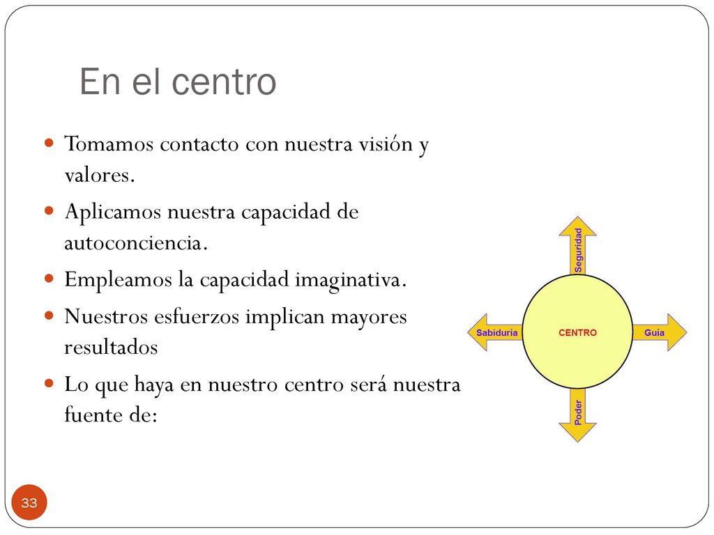 En el centro Tomamos contacto con nuestra visión y valores.