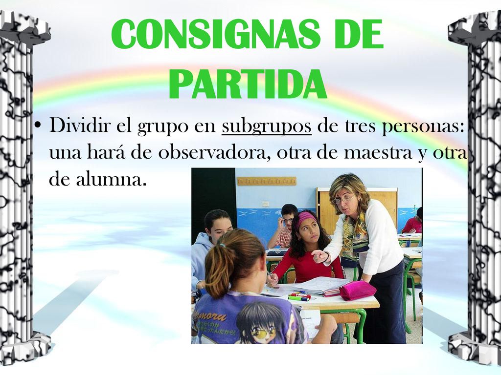 CONSIGNAS DE PARTIDA Dividir el grupo en subgrupos de tres personas: una hará de observadora, otra de maestra y otra de alumna.