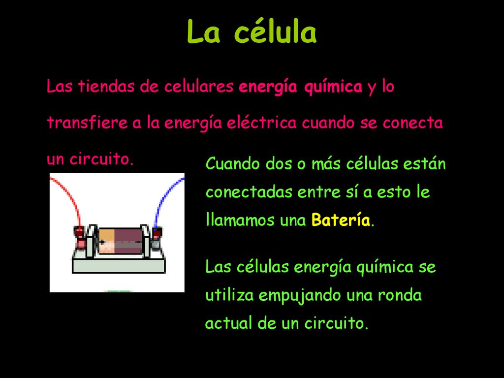 La célula Las tiendas de celulares energía química y lo transfiere a la energía eléctrica cuando se conecta un circuito.