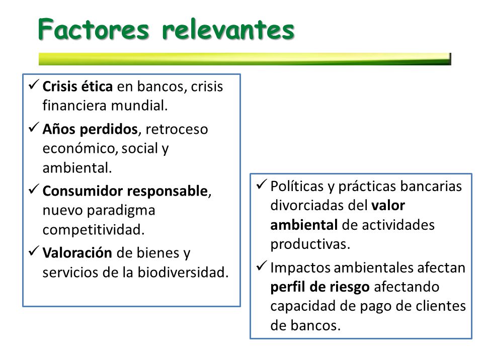 Factores relevantes Crisis ética en bancos, crisis financiera mundial.