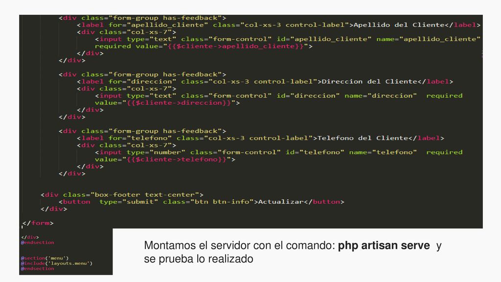 Montamos el servidor con el comando: php artisan serve y se prueba lo realizado