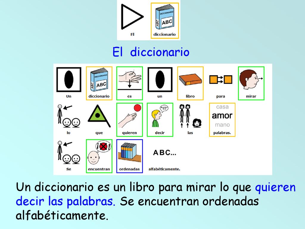 El diccionario Un diccionario es un libro para mirar lo que quieren decir las palabras.