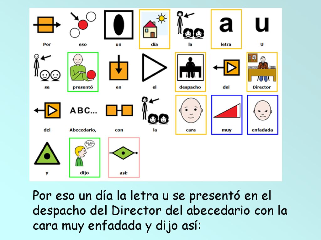 Por eso un día la letra u se presentó en el despacho del Director del abecedario con la cara muy enfadada y dijo así: