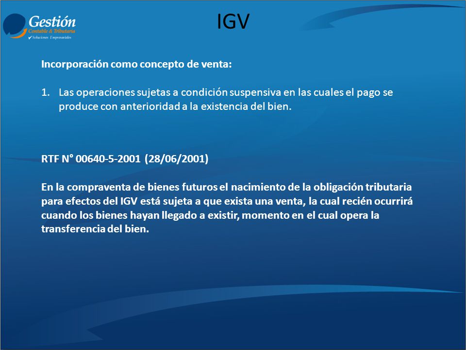 IGV Incorporación como concepto de venta: