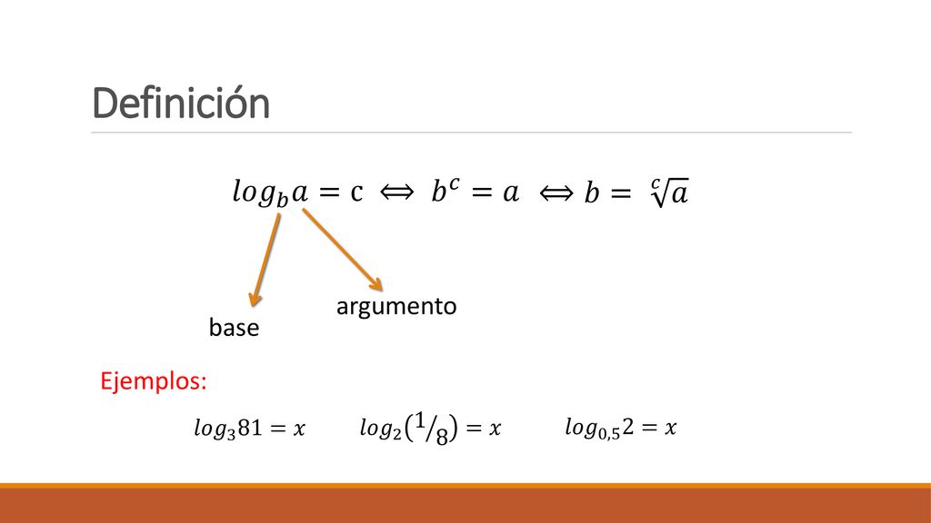 Definición 𝑙𝑜𝑔 𝑏 𝑎=c ⟺ 𝑏 𝑐 =𝑎 ⟺𝑏= 𝑐 𝑎 argumento base Ejemplos: