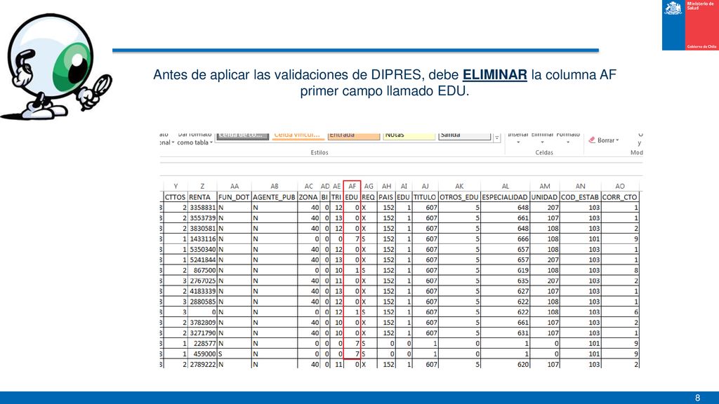 Antes de aplicar las validaciones de DIPRES, debe ELIMINAR la columna AF primer campo llamado EDU.