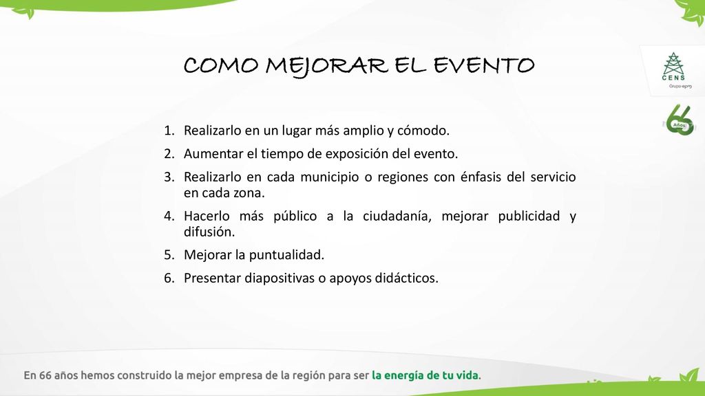 COMO MEJORAR EL EVENTO Realizarlo en un lugar más amplio y cómodo.
