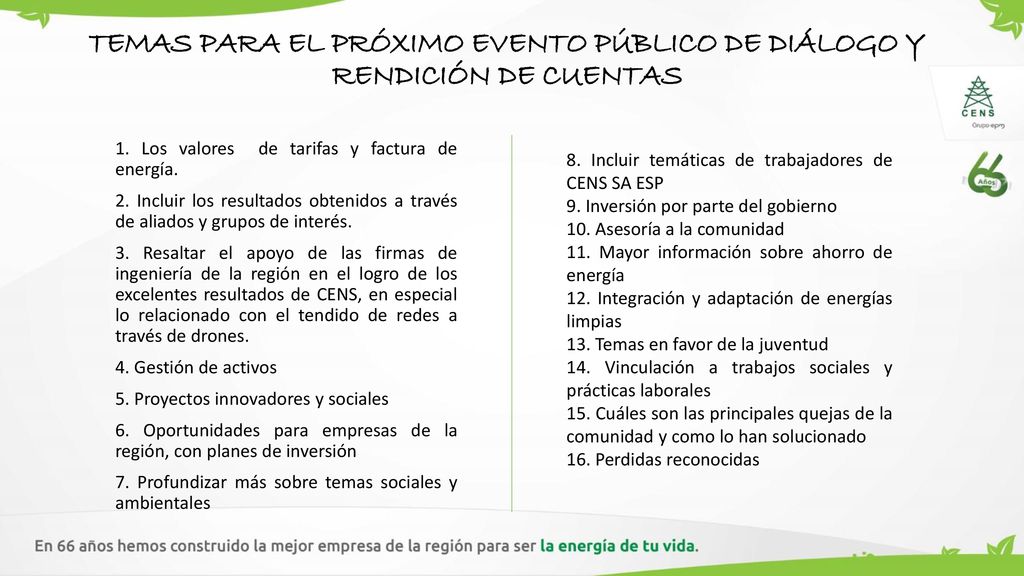 TEMAS PARA EL PRÓXIMO EVENTO PÚBLICO DE DIÁLOGO Y RENDICIÓN DE CUENTAS