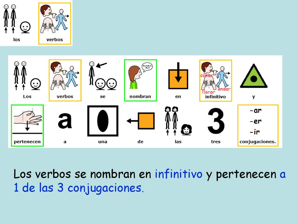 Los verbos se nombran en infinitivo y pertenecen a 1 de las 3 conjugaciones.