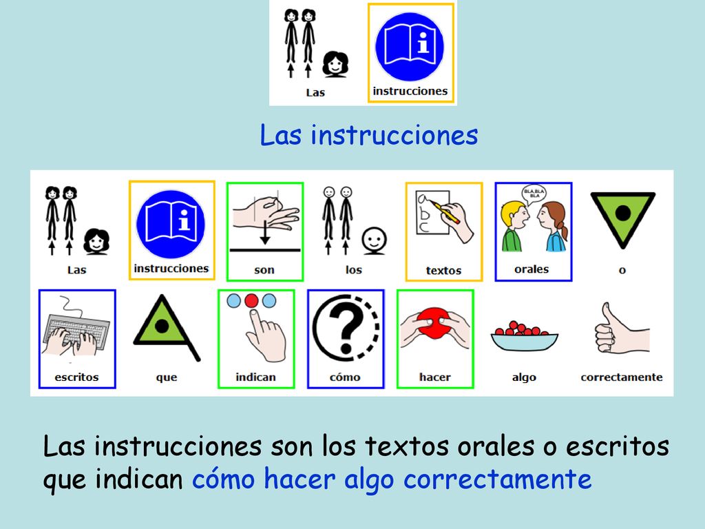 Las instrucciones Las instrucciones son los textos orales o escritos que indican cómo hacer algo correctamente.
