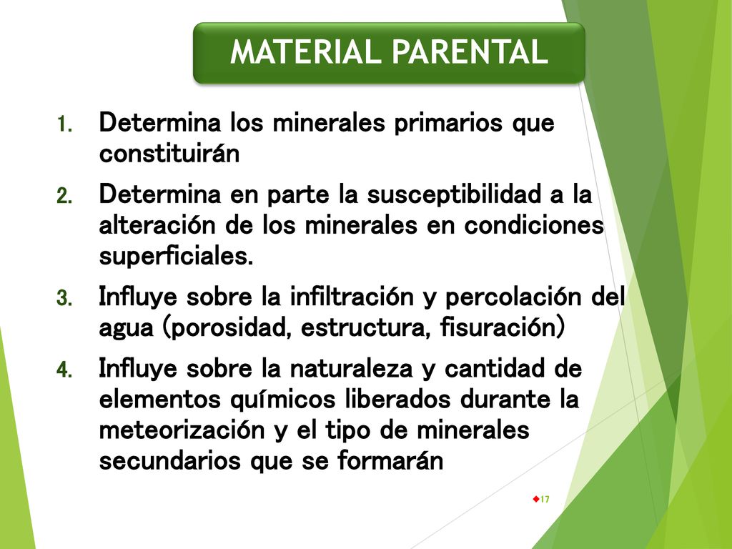 MATERIAL PARENTAL Determina los minerales primarios que constituirán el suelo.