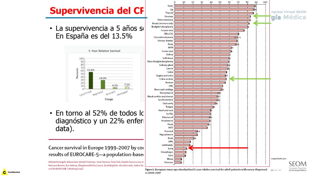 Supervivencia del CP La supervivencia a 5 años se sitúa en el 21,5% en USA. En España es del 13.5%