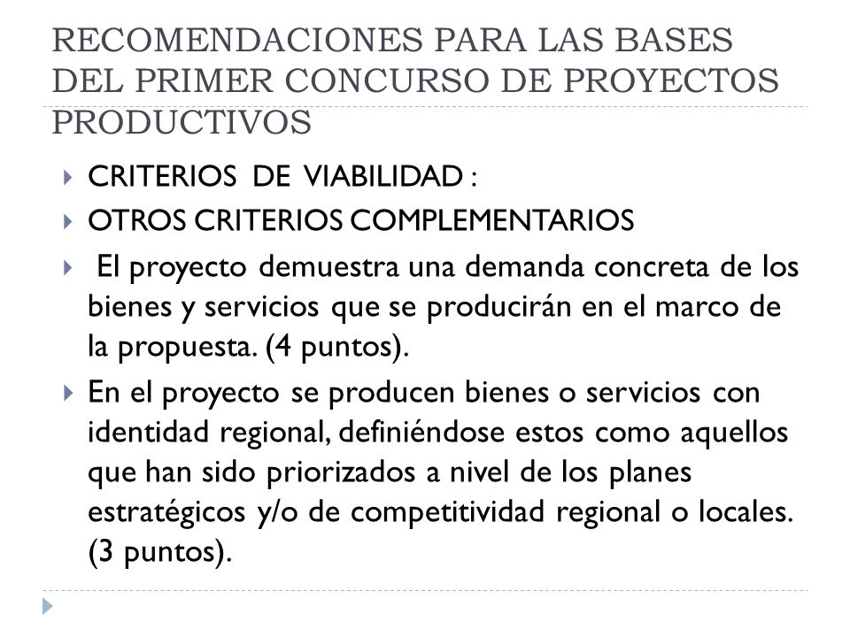 RECOMENDACIONES PARA LAS BASES DEL PRIMER CONCURSO DE PROYECTOS PRODUCTIVOS