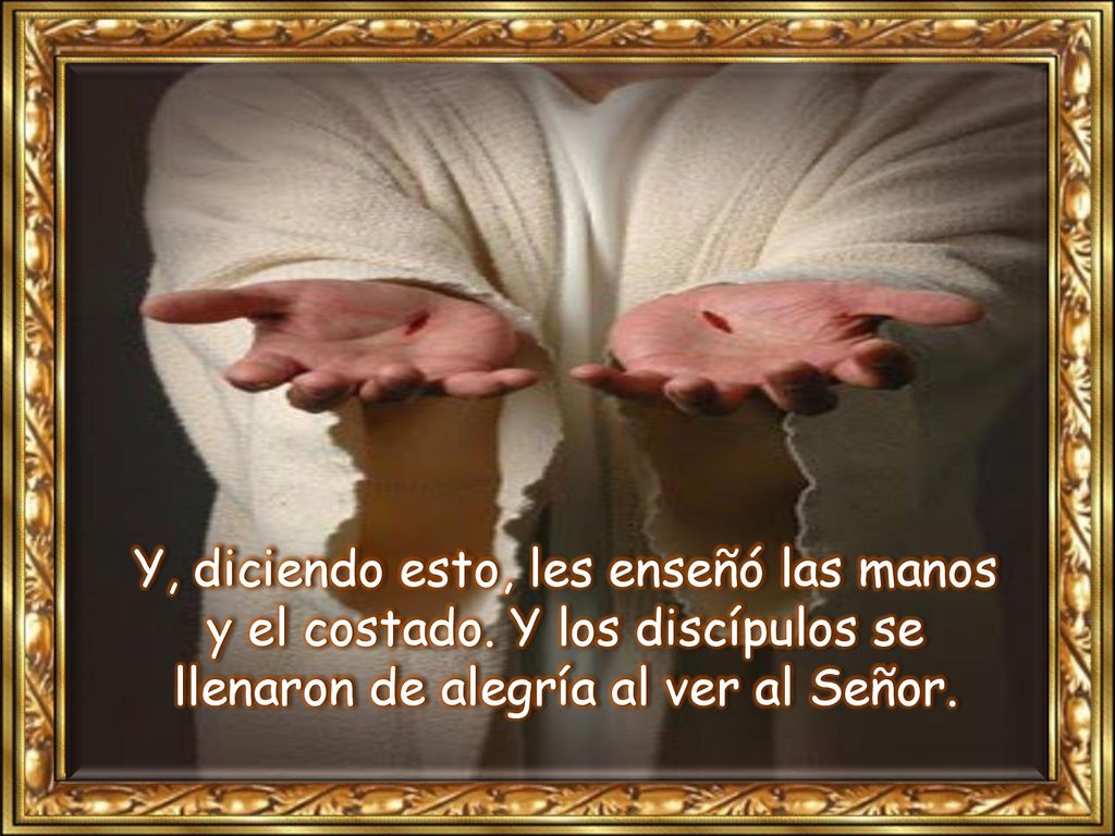 Y, diciendo esto, les enseñó las manos y el costado