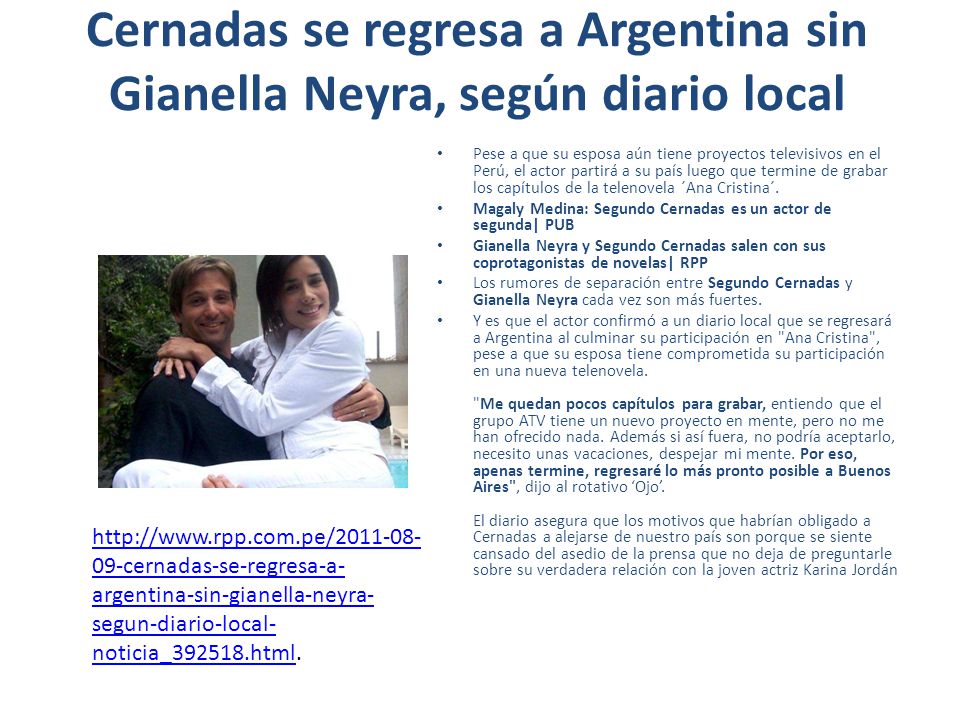 Cernadas se regresa a Argentina sin Gianella Neyra, según diario local