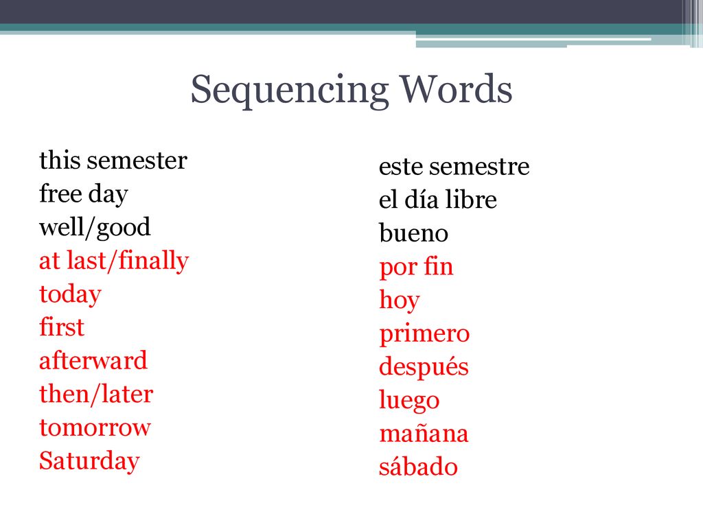 Sequencing Words this semester free day well/good at last/finally today first afterward then/later tomorrow Saturday