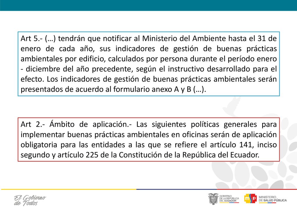 Art 5.- (…) tendrán que notificar al Ministerio del Ambiente hasta el 31 de enero de cada año, sus indicadores de gestión de buenas prácticas ambientales por edificio, calculados por persona durante el período enero - diciembre del año precedente, según el instructivo desarrollado para el efecto. Los indicadores de gestión de buenas prácticas ambientales serán presentados de acuerdo al formulario anexo A y B (…).