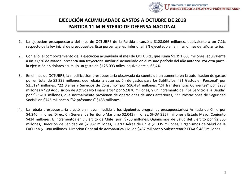 EJECUCIÓN ACUMULADADE GASTOS A OCTUBRE DE 2018 PARTIDA 11 MINISTERIO DE DEFENSA NACIONAL
