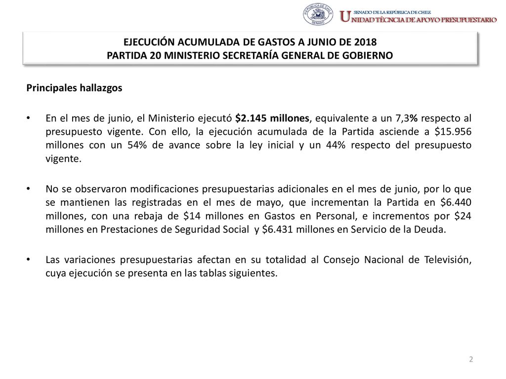 EJECUCIÓN ACUMULADA DE GASTOS A JUNIO DE 2018 PARTIDA 20 MINISTERIO SECRETARÍA GENERAL DE GOBIERNO