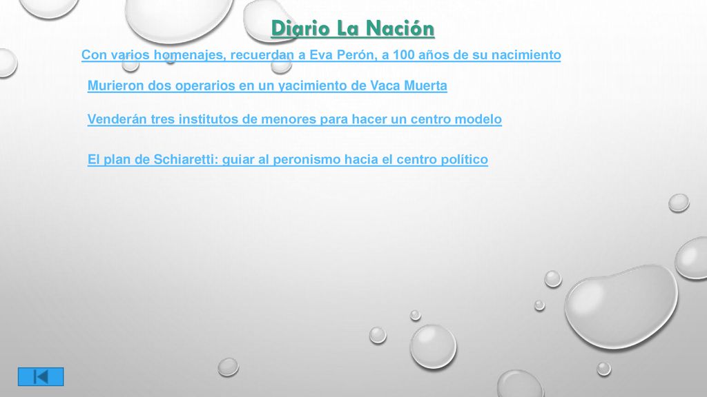 Diario La Nación Con varios homenajes, recuerdan a Eva Perón, a 100 años de su nacimiento. Murieron dos operarios en un yacimiento de Vaca Muerta.