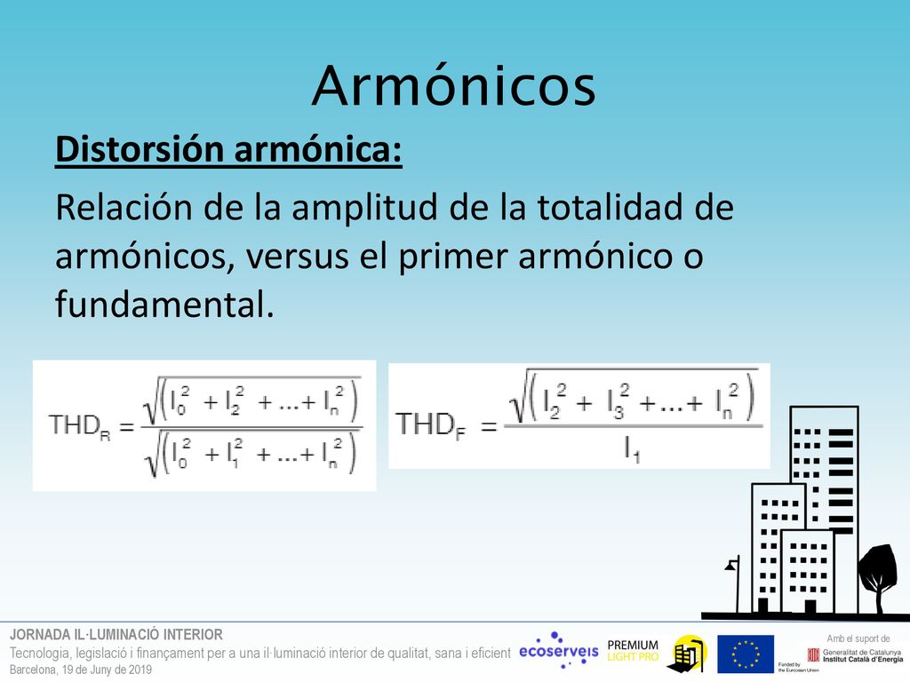 Armónicos Distorsión armónica: Relación de la amplitud de la totalidad de armónicos, versus el primer armónico o fundamental.