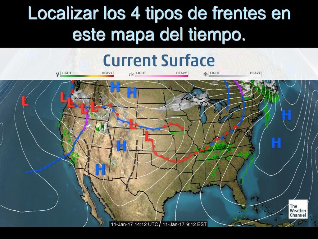 Localizar los 4 tipos de frentes en este mapa del tiempo.