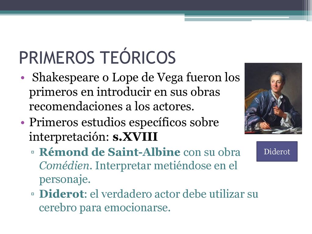 PRIMEROS TEÓRICOS Shakespeare o Lope de Vega fueron los primeros en introducir en sus obras recomendaciones a los actores.