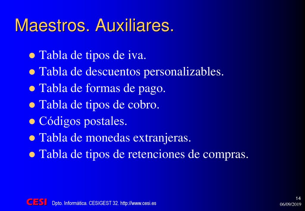 Maestros. Auxiliares. Tabla de tipos de iva.