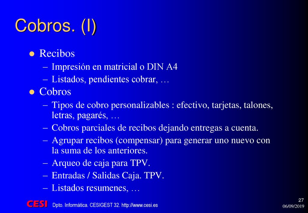 Cobros. (I) Recibos Cobros Impresión en matricial o DIN A4