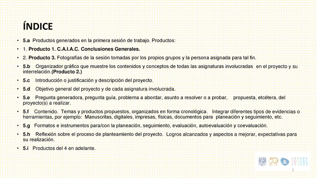 ÍNDICE 5.a Productos generados en la primera sesión de trabajo. Productos: 1. Producto 1. C.A.I.A.C. Conclusiones Generales.