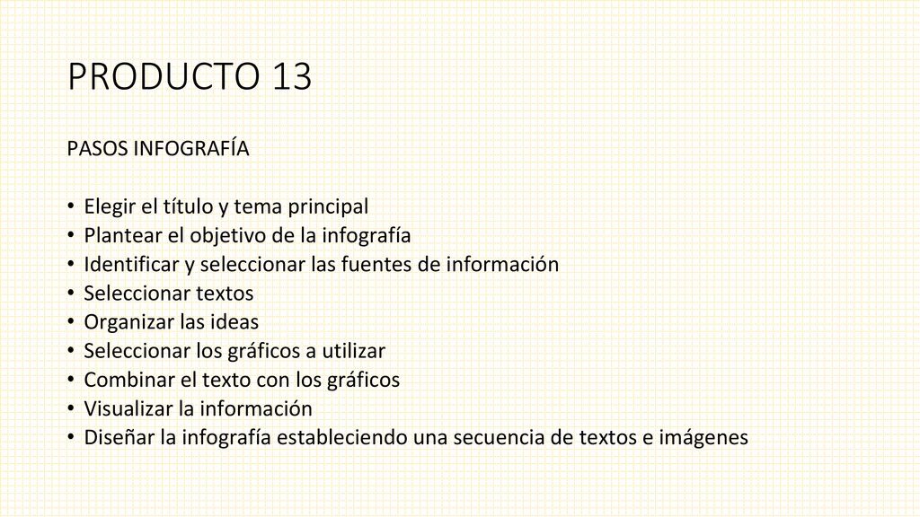 PRODUCTO 13 PASOS INFOGRAFÍA Elegir el título y tema principal