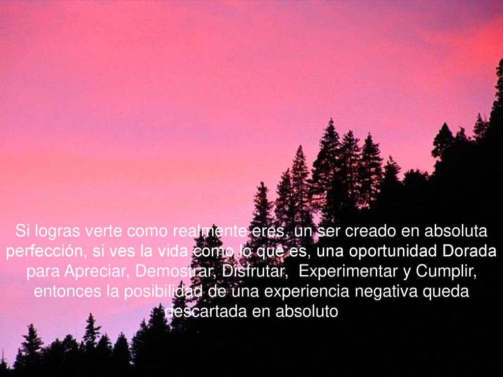 Si logras verte como realmente eres, un ser creado en absoluta perfección, si ves la vida como lo que es, una oportunidad Dorada para Apreciar, Demostrar, Disfrutar, Experimentar y Cumplir, entonces la posibilidad de una experiencia negativa queda descartada en absoluto
