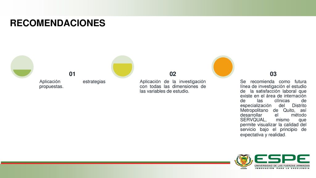 RECOMENDACIONES Aplicación estrategias propuestas. 01. Aplicación de la investigación con todas las dimensiones de las variables de estudio.