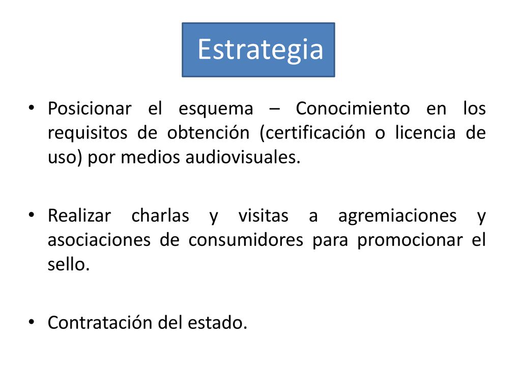 Estrategia Posicionar el esquema – Conocimiento en los requisitos de obtención (certificación o licencia de uso) por medios audiovisuales.