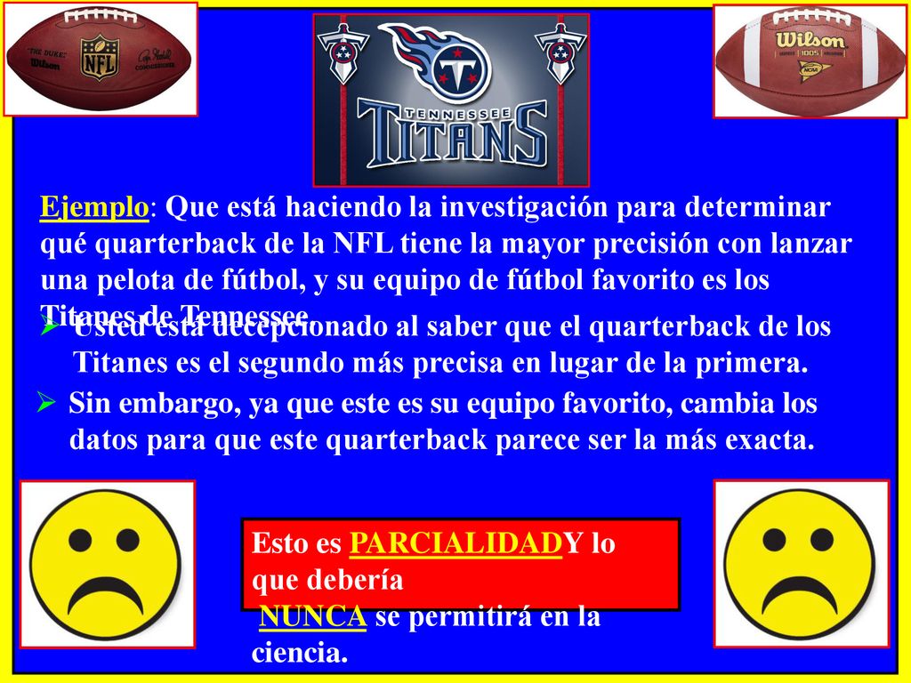 Ejemplo: Que está haciendo la investigación para determinar qué quarterback de la NFL tiene la mayor precisión con lanzar una pelota de fútbol, ​​y su equipo de fútbol favorito es los Titanes de Tennessee.