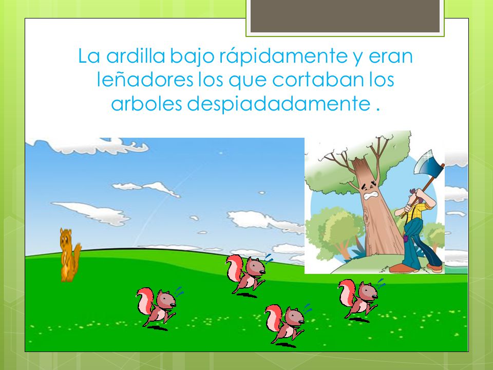 La ardilla bajo rápidamente y eran leñadores los que cortaban los arboles despiadadamente .