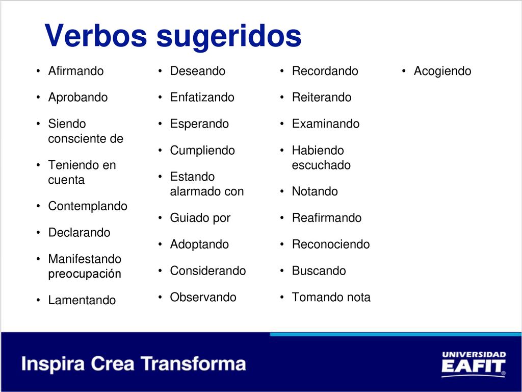 Verbos sugeridos Afirmando Deseando Recordando Acogiendo Aprobando