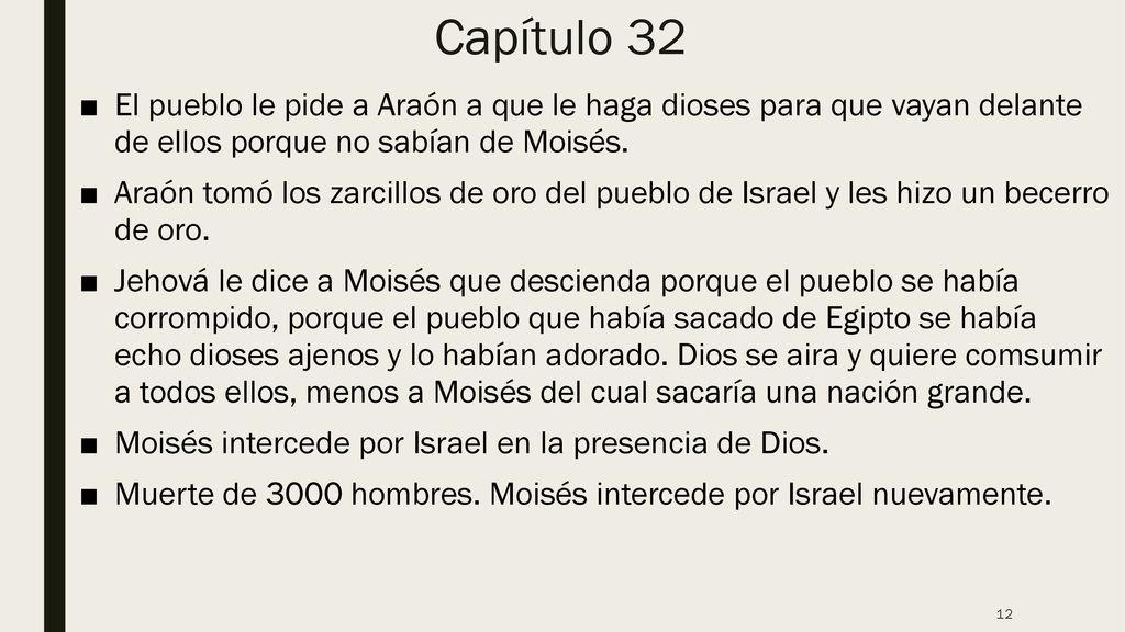 Capítulo 32 El pueblo le pide a Araón a que le haga dioses para que vayan delante de ellos porque no sabían de Moisés.