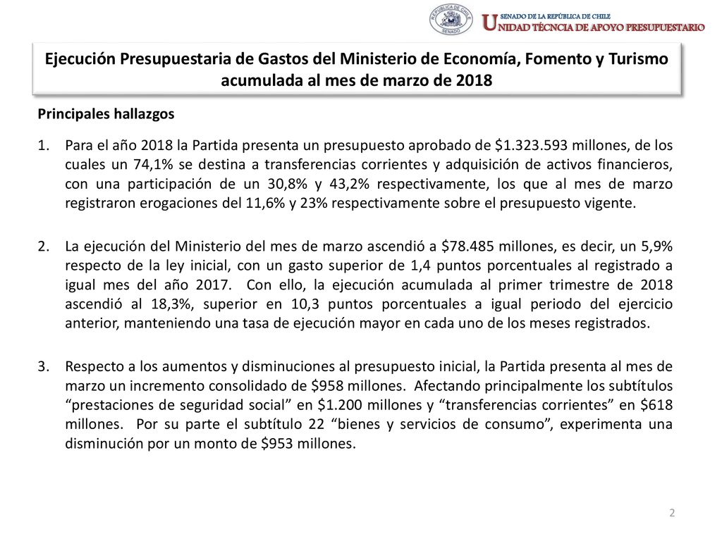Ejecución Presupuestaria de Gastos del Ministerio de Economía, Fomento y Turismo acumulada al mes de marzo de 2018