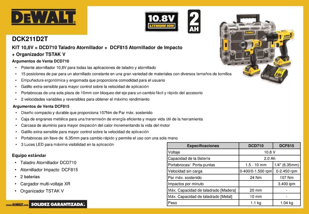 DCK211D2T KIT 10,8V = DCD710 Taladro Atornillador + DCF815 Atornillador de Impacto. + Organizador TSTAK V.