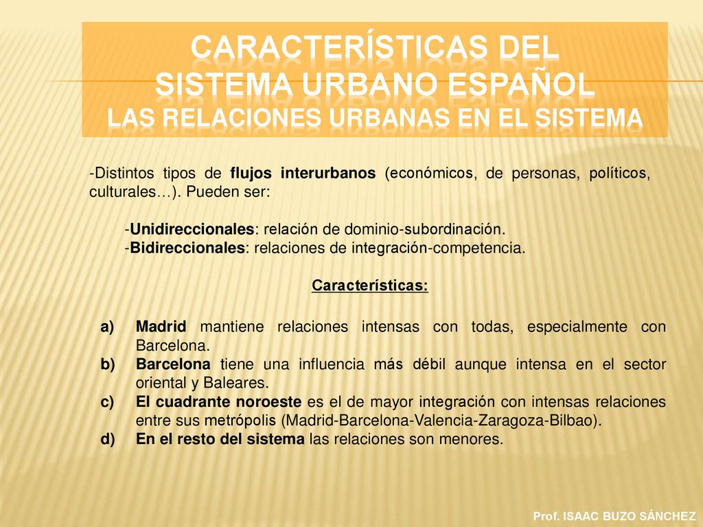 CARACTERÍSTICAS DEL SISTEMA URBANO ESPAÑOL Las relaciones urbanas en el sistema